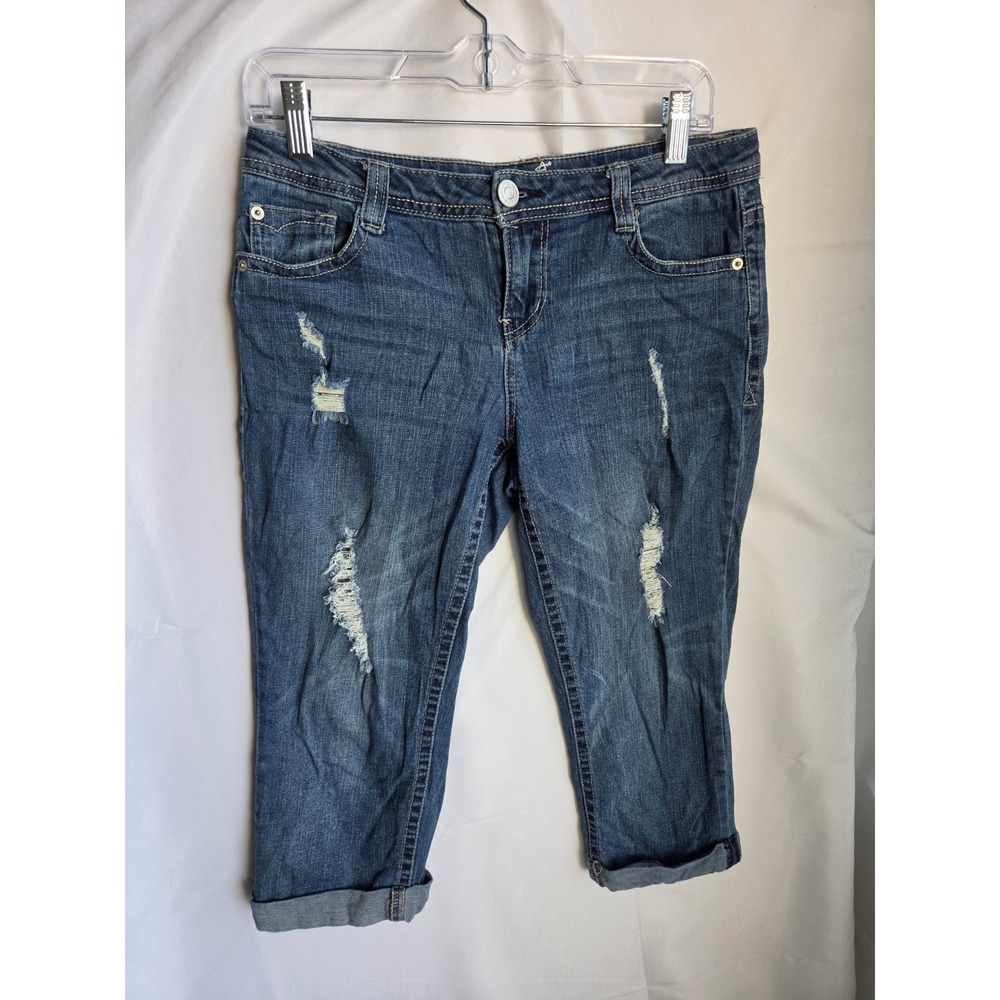 Almost Famous Crop Jeans Womens Blue Medium Distressed Slim Mid Rise Capri